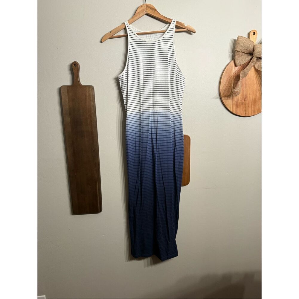 Athleta Blue White Ombre Striped Pima Cotton Sleeveless Maxi Dress Size Small - Picture 2 of 6